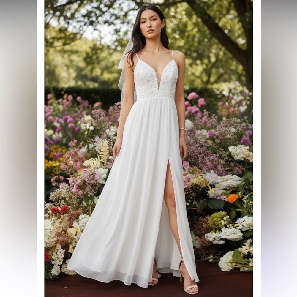 BELLE-APPLIQUÉS LEAF EMBROIDERY MESH INSERT SPLIT THIGH CHIFFON WEDDING DRESS XL